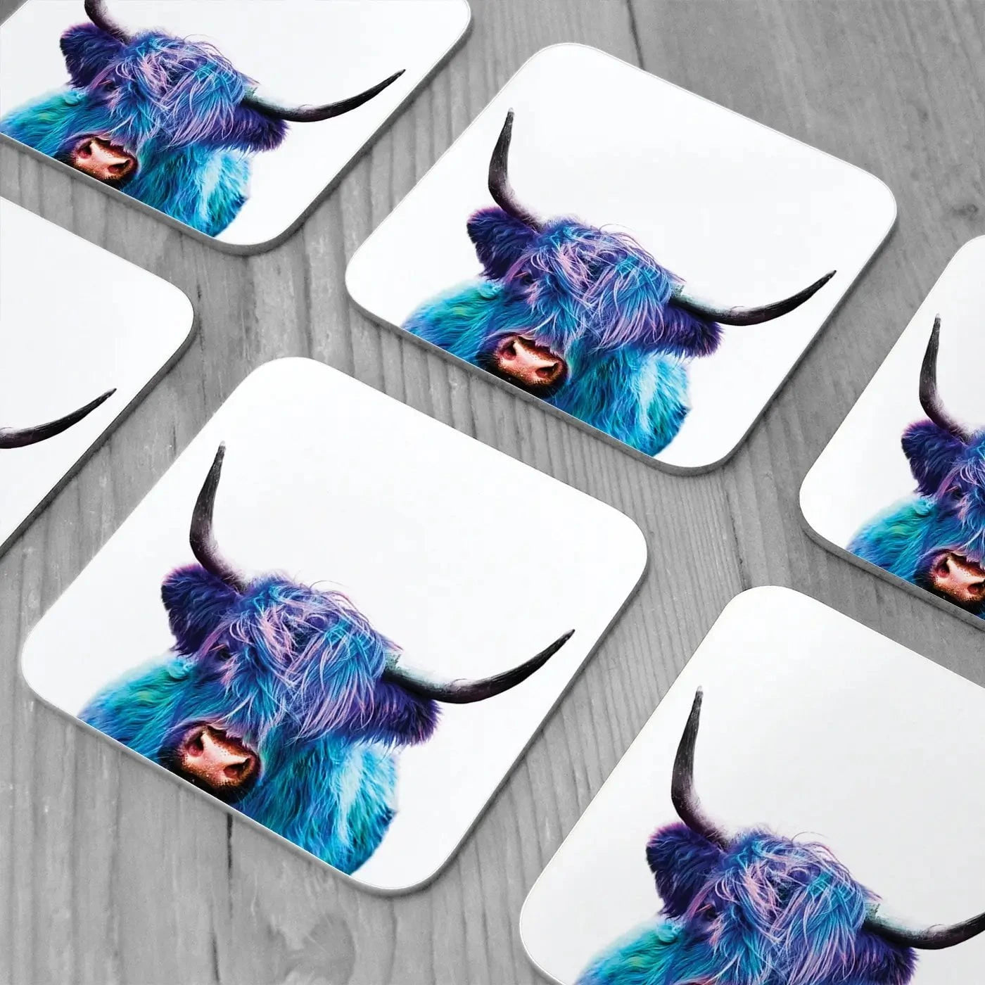 Colourful Blue Highland Cow Coaster Set Colourful Blue Highland Cow Coaster Set wall art product Patricia Chumillas / Shutterstock