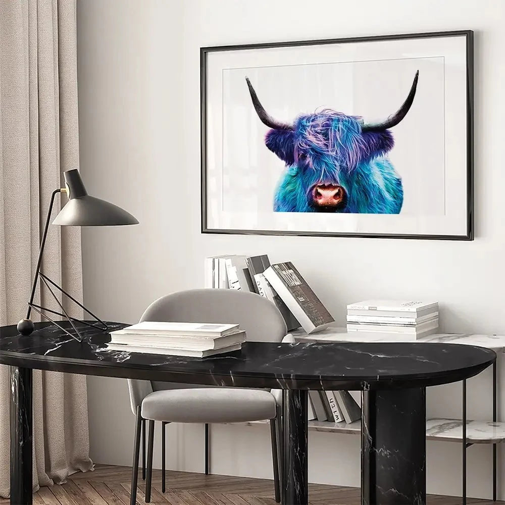 Colourful Blue Highland Cow Framed Art Print Colourful Blue Highland Cow Framed Art Print wall art product Patricia Chumillas / Shutterstock
