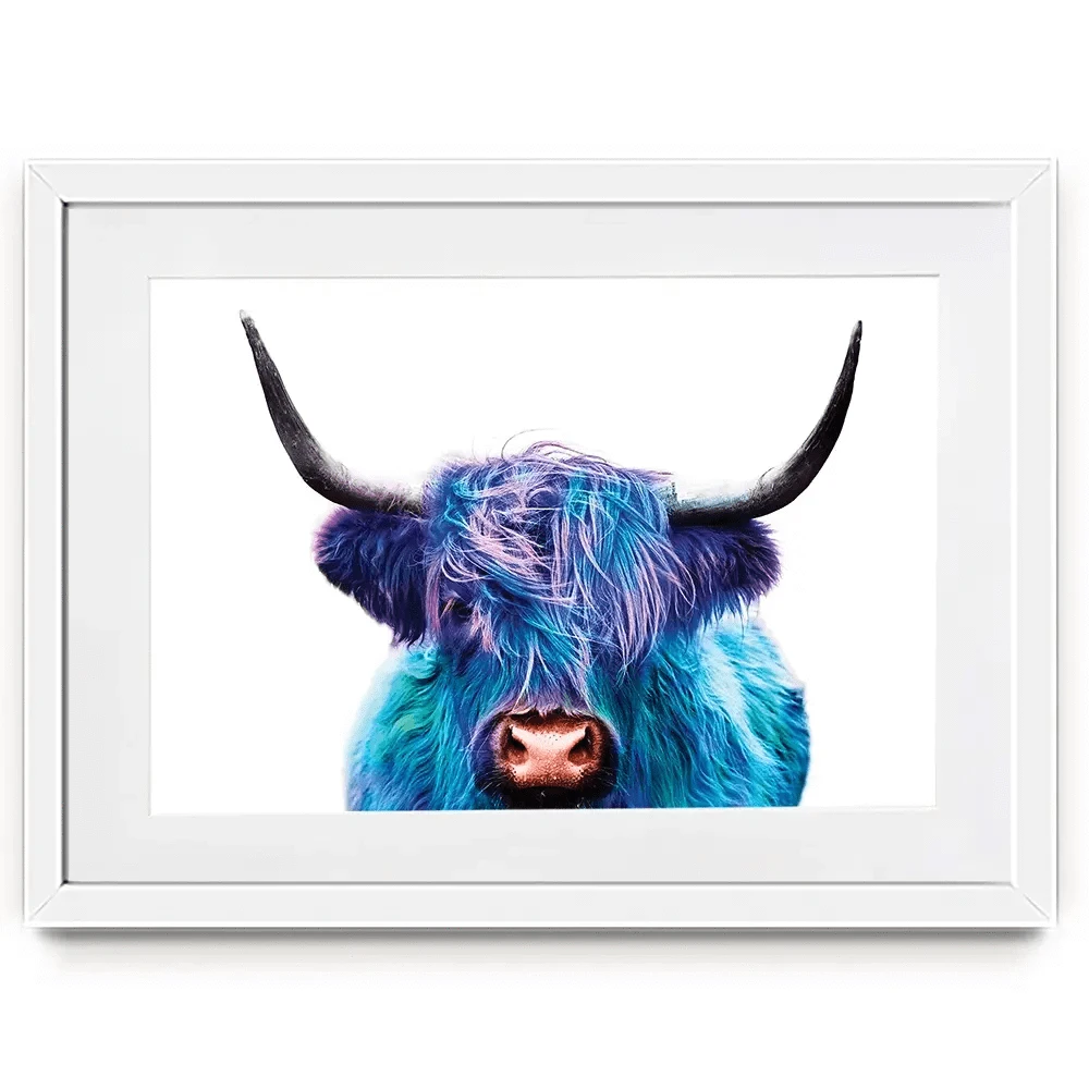 Colourful Blue Highland Cow Framed Art Print Colourful Blue Highland Cow Framed Art Print wall art product Patricia Chumillas / Shutterstock