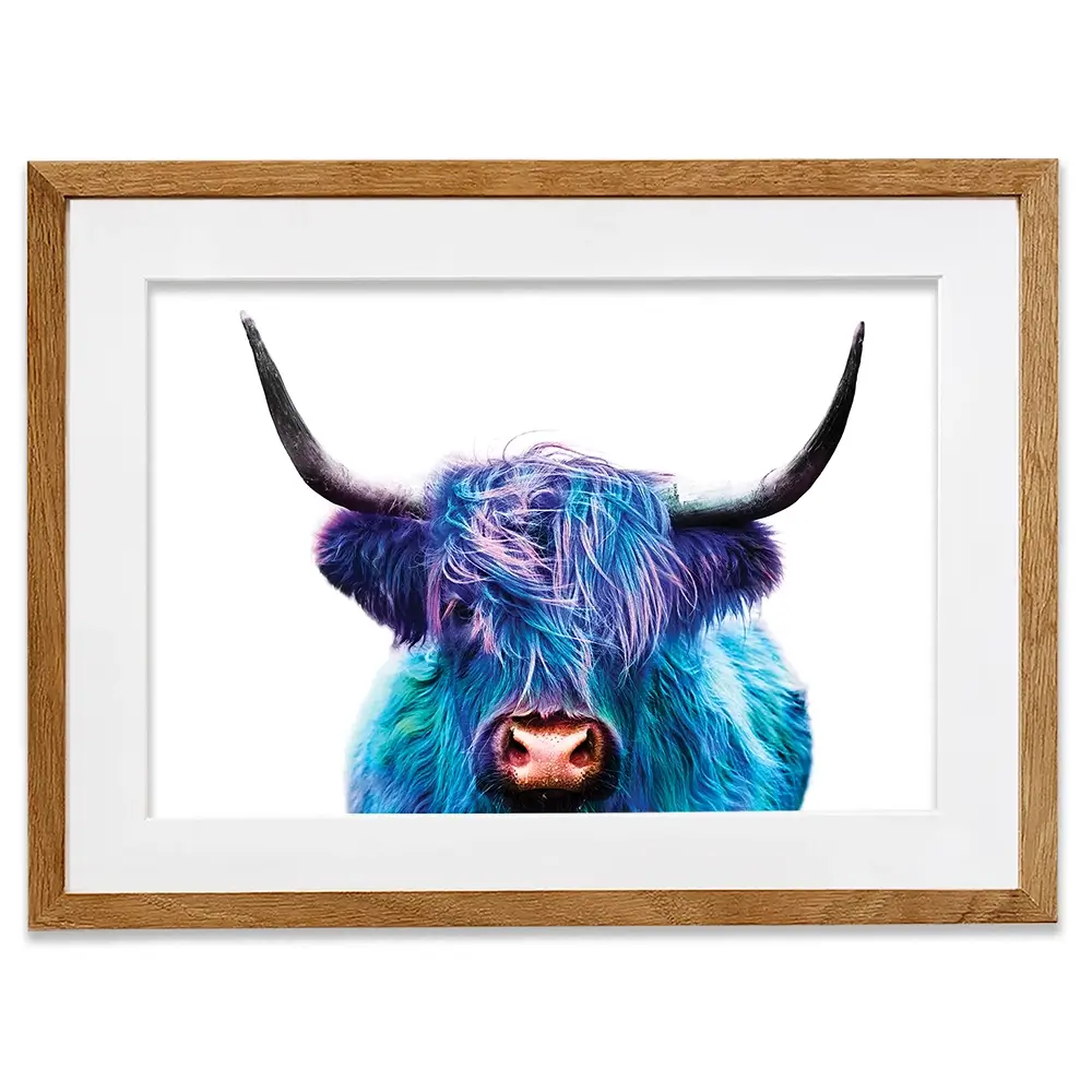 Colourful Blue Highland Cow Framed Art Print Colourful Blue Highland Cow Framed Art Print wall art product Patricia Chumillas / Shutterstock