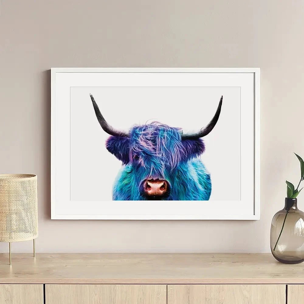 Colourful Blue Highland Cow Framed Art Print Colourful Blue Highland Cow Framed Art Print wall art product Patricia Chumillas / Shutterstock