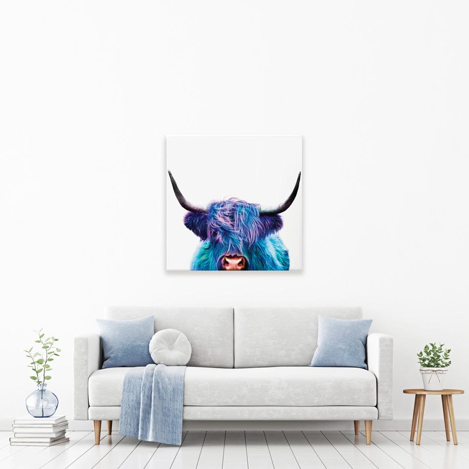Colourful Blue Highland Cow Square Canvas Print wall art product Patricia Chumillas / Shutterstock