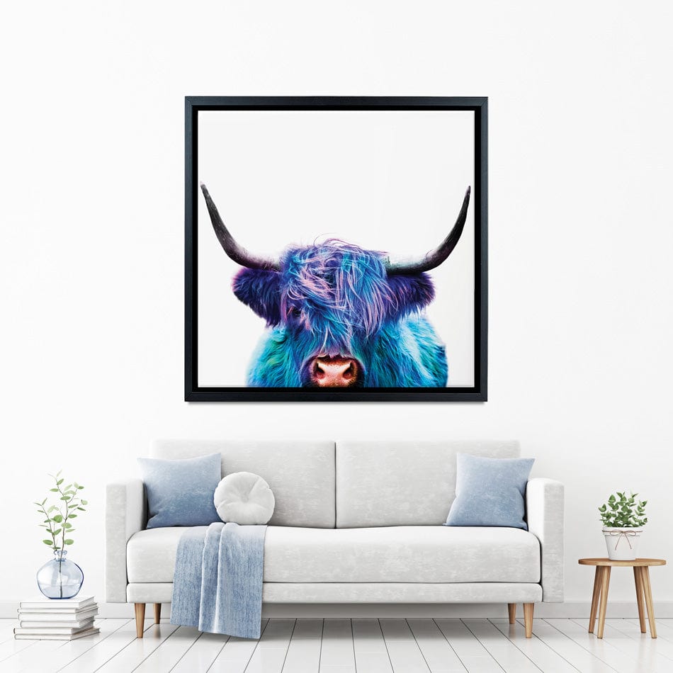 Colourful Blue Highland Cow Square Canvas Print wall art product Patricia Chumillas / Shutterstock