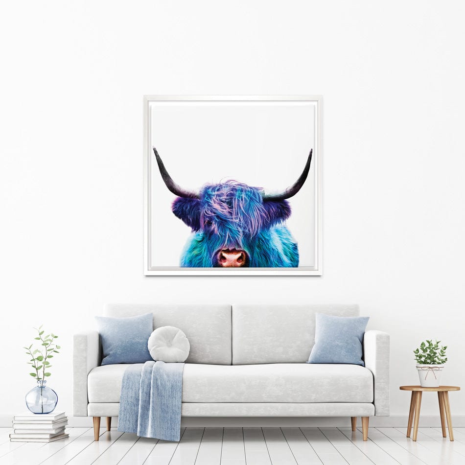 Colourful Blue Highland Cow Square Canvas Print wall art product Patricia Chumillas / Shutterstock