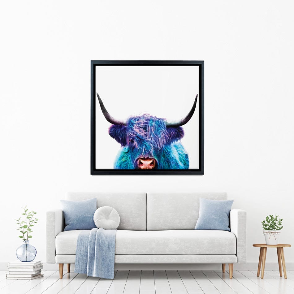 Colourful Blue Highland Cow Square Canvas Print wall art product Patricia Chumillas / Shutterstock