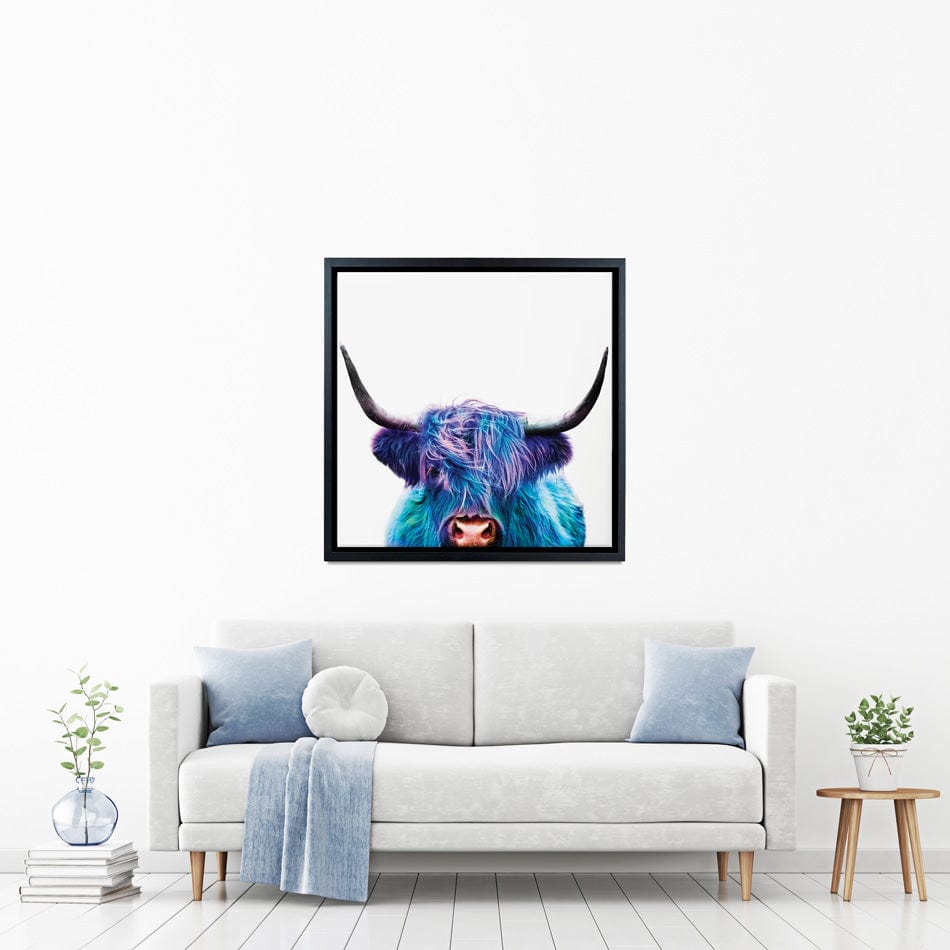 Colourful Blue Highland Cow Square Canvas Print wall art product Patricia Chumillas / Shutterstock