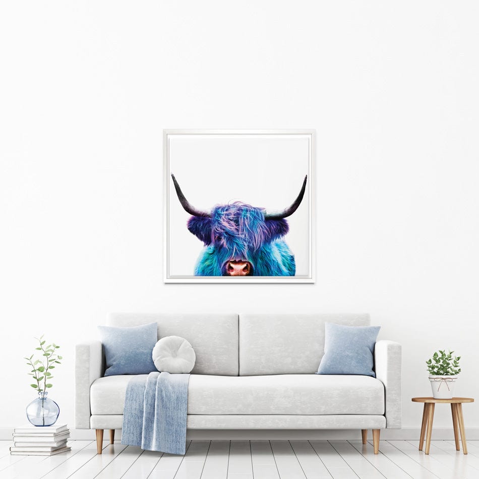 Colourful Blue Highland Cow Square Canvas Print wall art product Patricia Chumillas / Shutterstock