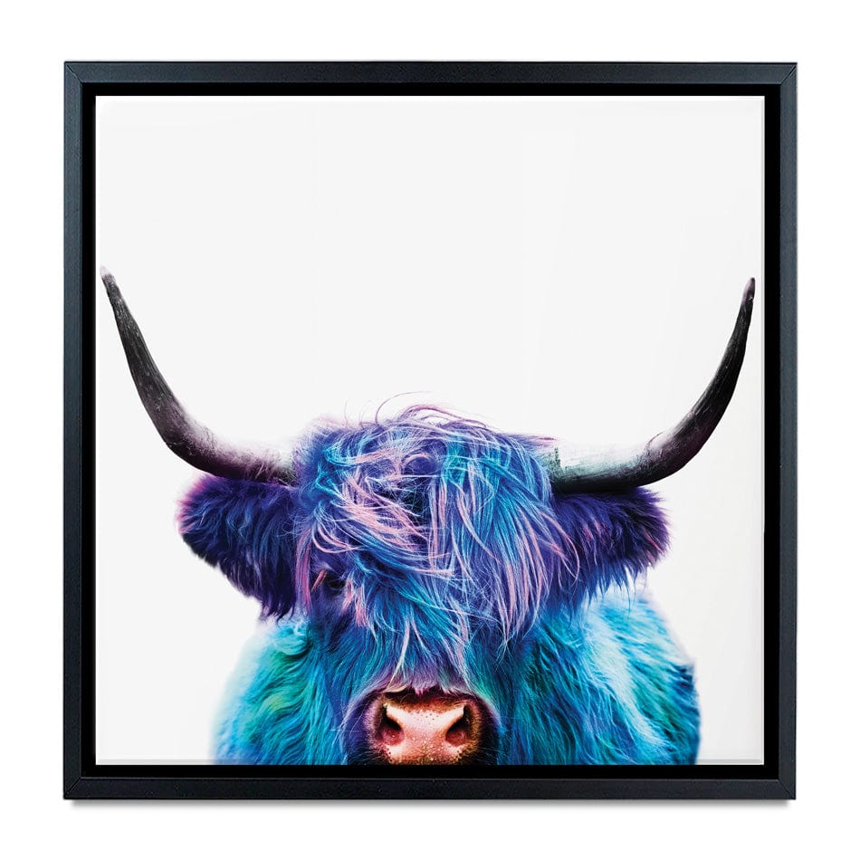 Colourful Blue Highland Cow Square Canvas Print wall art product Patricia Chumillas / Shutterstock