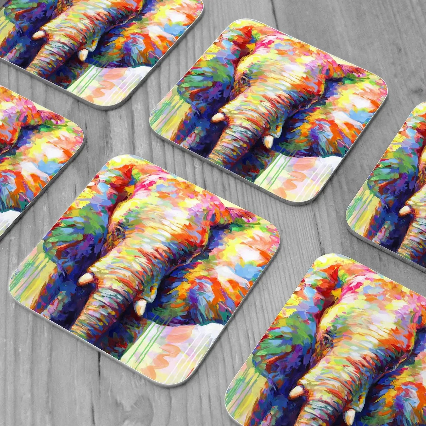 Colourful Elephant Coaster Set Rainbow Soul Tree Coaster Set | Rainbow Soul Tree Art Coasters wall art product Leon Devenice