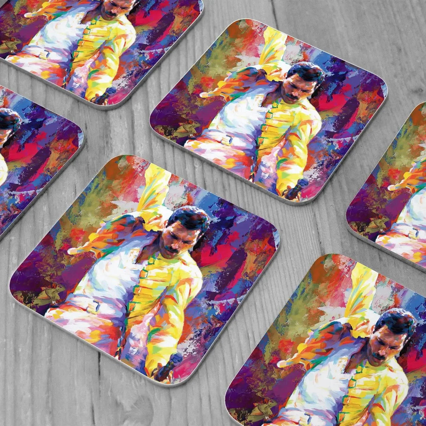 Colourful Freddie Mercury Coaster Set Colourful Freddie Mercury Coaster Set | Freddie Mercury Art Coasters wall art product Leon Devenice