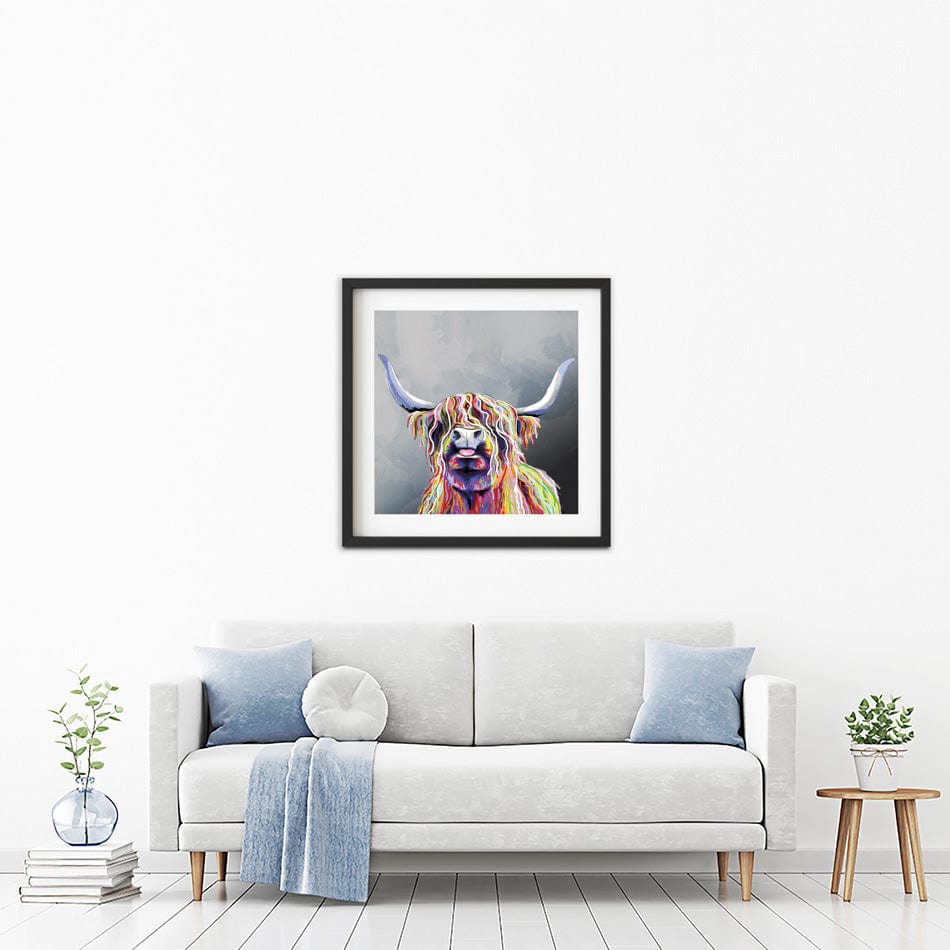 Colourful Highland Coo Square Framed Art Print wall art product Independent