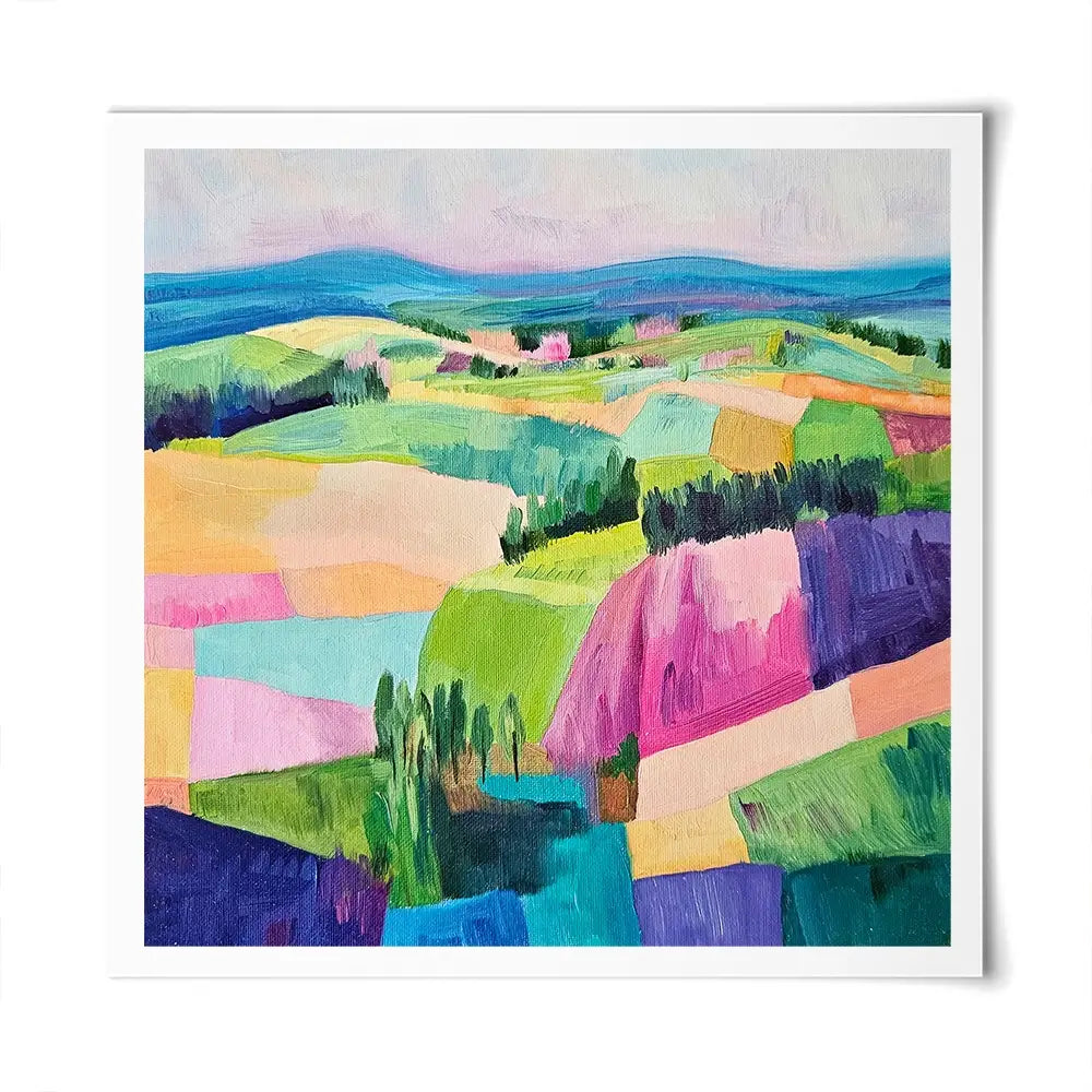 Colourful Patchwork Hills Square Art Print Colourful Patchwork Hills Square Art Print wall art product Tanya Ocean