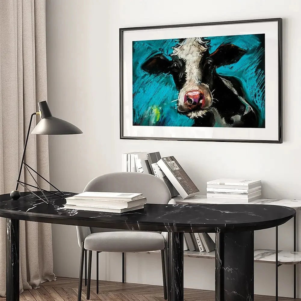 Cow On Blue Framed Art Print Cow On Blue Framed Art Print wall art product Ivailo Nikolov / Shutterstock