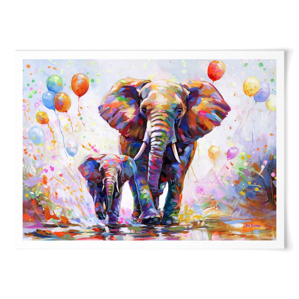 Elephants Colourful Celebration Art Print wall art product Leon Devenice