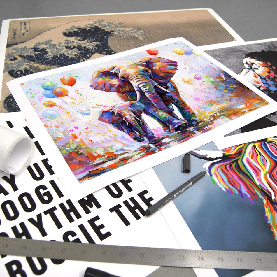 Elephants Colourful Celebration Art Print wall art product Leon Devenice