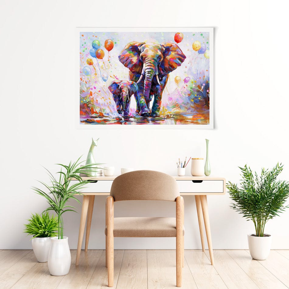 Elephants Colourful Celebration Art Print wall art product Leon Devenice