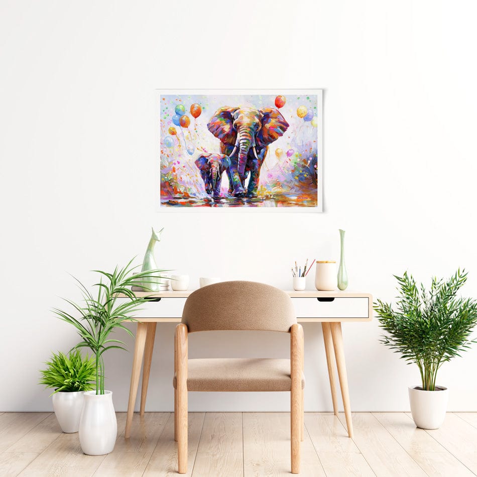 Elephants Colourful Celebration Art Print wall art product Leon Devenice