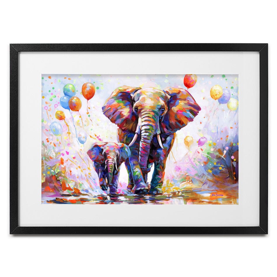 Elephants Colourful Celebration Framed Art Print wall art product Leon Devenice