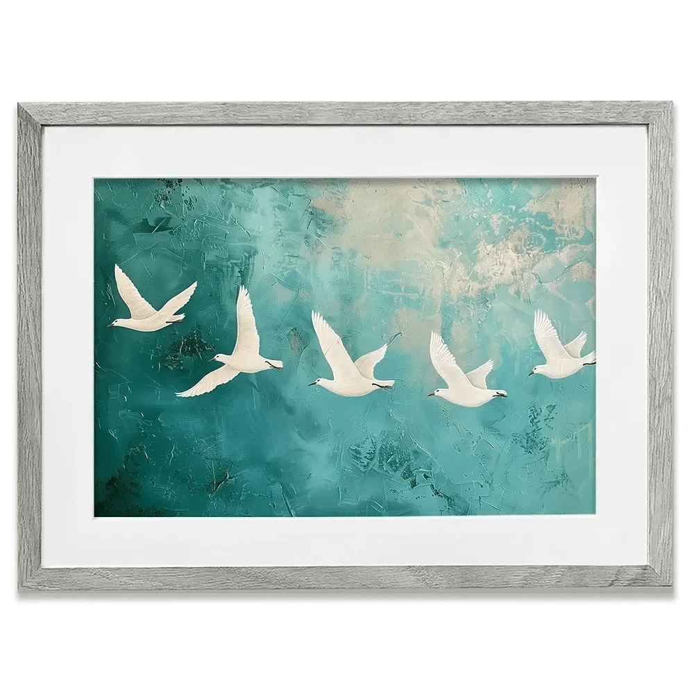 Five White Birds Framed Art Print Five White Birds Framed Art Print wall art product Arlington Prints - Independent