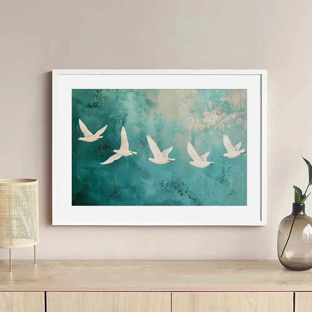 Five White Birds Framed Art Print Five White Birds Framed Art Print wall art product Arlington Prints - Independent