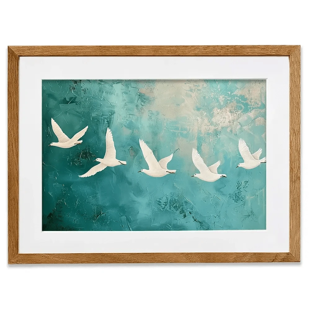 Five White Birds Framed Art Print Five White Birds Framed Art Print wall art product Arlington Prints - Independent