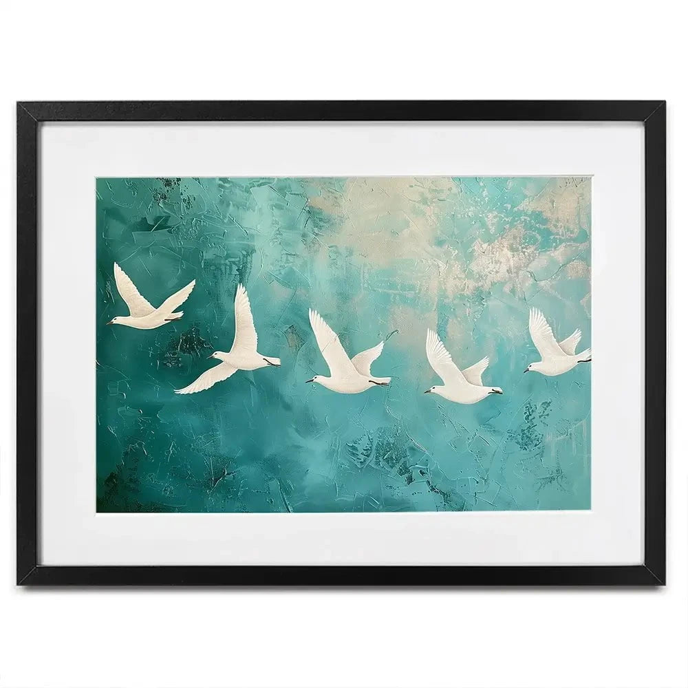 Five White Birds Framed Art Print Five White Birds Framed Art Print wall art product Arlington Prints - Independent