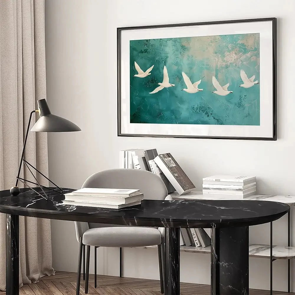 Five White Birds Framed Art Print Five White Birds Framed Art Print wall art product Arlington Prints - Independent