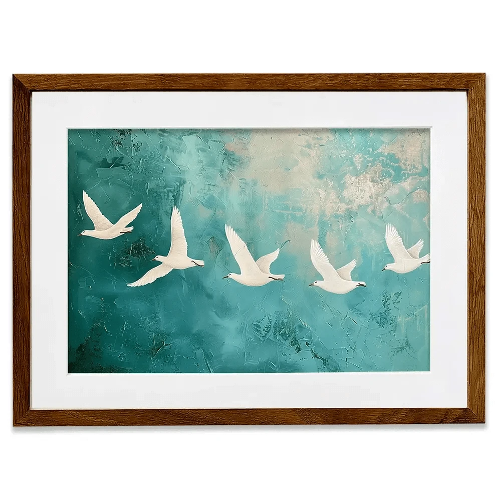 Five White Birds Framed Art Print Five White Birds Framed Art Print wall art product Arlington Prints - Independent