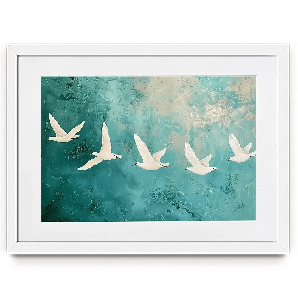 Five White Birds Framed Art Print Five White Birds Framed Art Print wall art product Arlington Prints - Independent