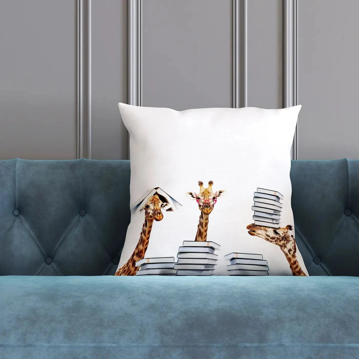 Giraffes With Books Cushion Giraffes With Books Cushion wall art product Sergey Novikov / Shutterstock