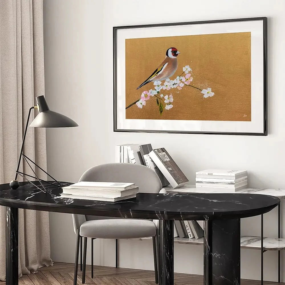 Goldfinch On Cherry Blossom Framed Art Print Goldfinch On Cherry Blossom Framed Art Print wall art product Laure Bury