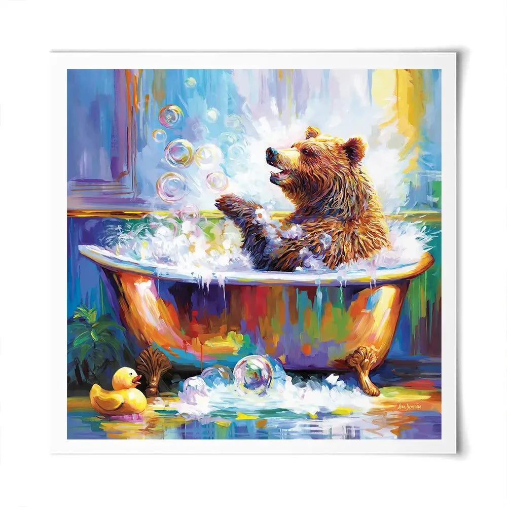 Happy Bear In Bathtub Square Art Print Happy Bear In Bathtub Square Art Print wall art product Leon Devenice