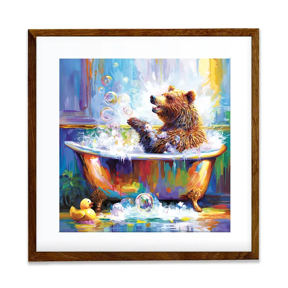 Happy Bear In Bathtub Square Framed Art Print Happy Bear In Bathtub Square Framed Art Print wall art product Leon Devenice