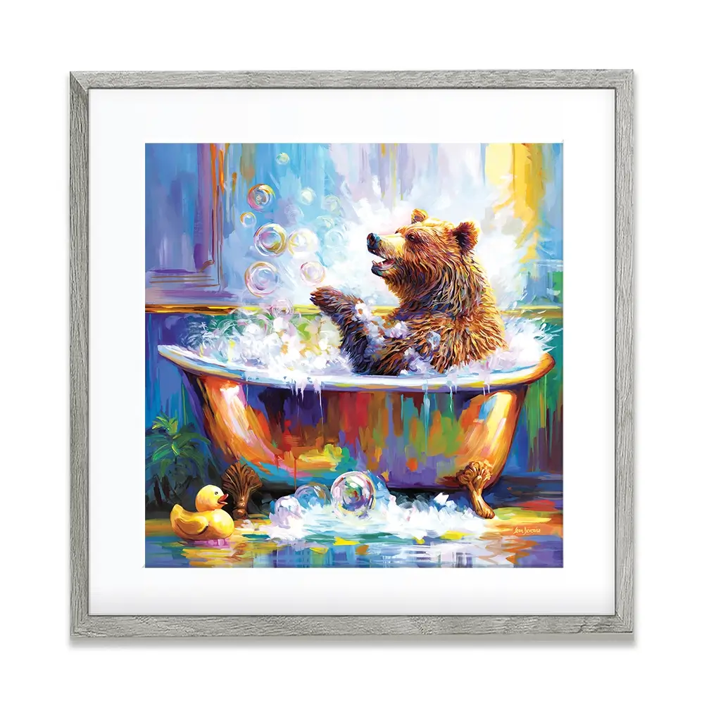 Happy Bear In Bathtub Square Framed Art Print Happy Bear In Bathtub Square Framed Art Print wall art product Leon Devenice