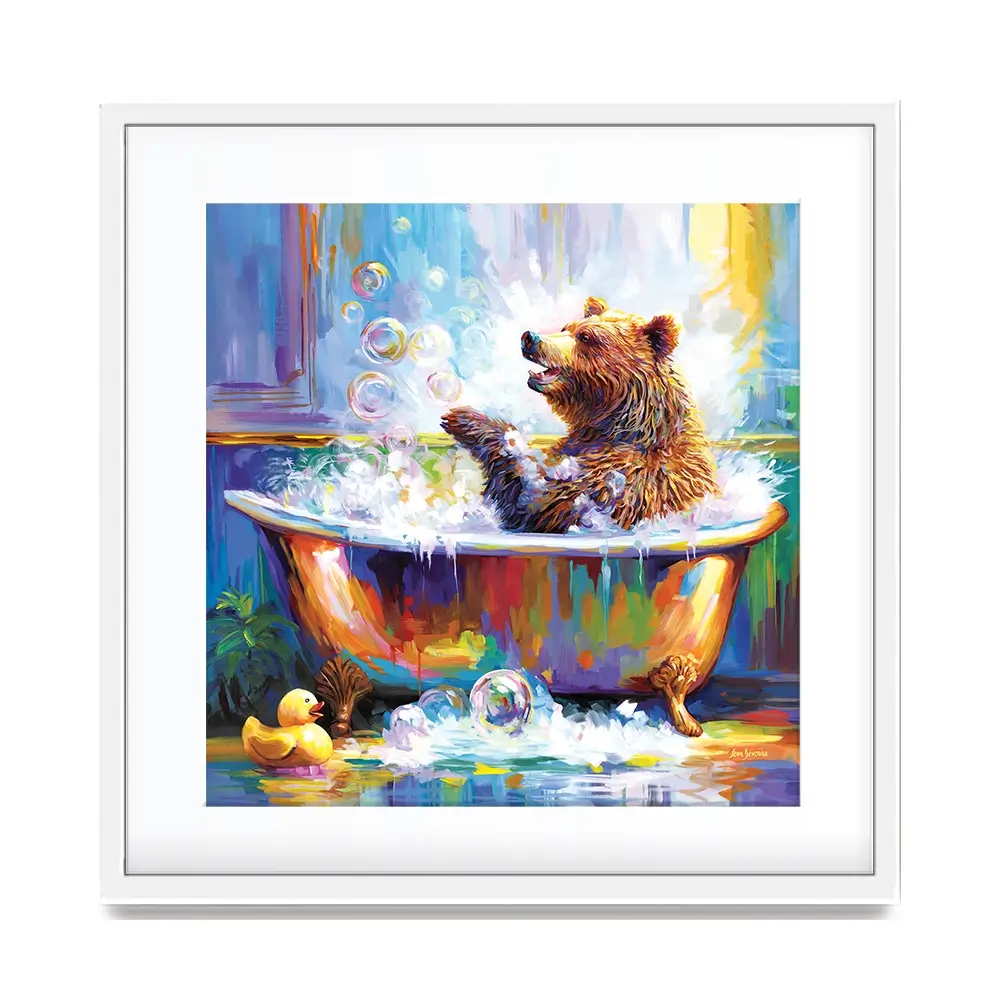 Happy Bear In Bathtub Square Framed Art Print Happy Bear In Bathtub Square Framed Art Print wall art product Leon Devenice