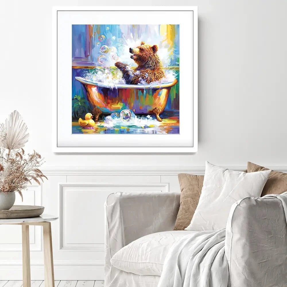 Happy Bear In Bathtub Square Framed Art Print Happy Bear In Bathtub Square Framed Art Print wall art product Leon Devenice