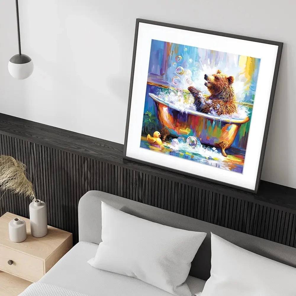 Happy Bear In Bathtub Square Framed Art Print Happy Bear In Bathtub Square Framed Art Print wall art product Leon Devenice