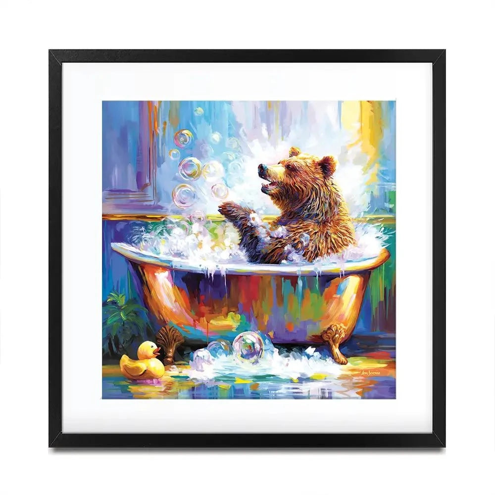 Happy Bear In Bathtub Square Framed Art Print Happy Bear In Bathtub Square Framed Art Print wall art product Leon Devenice