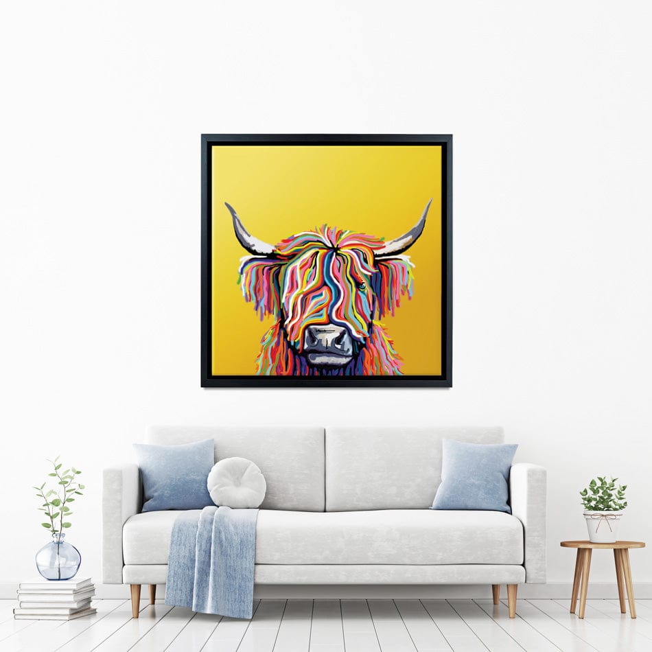 Highland Cow Yellow Square Canvas Print wall art product Independent