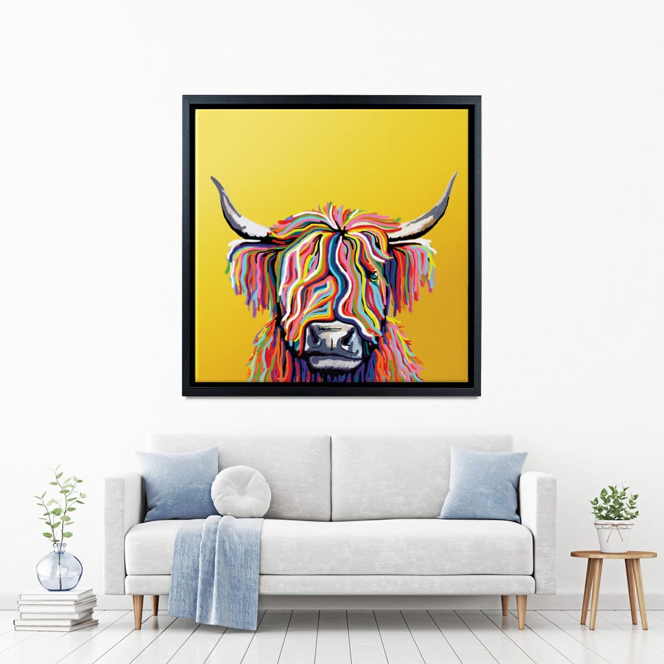 Highland Cow Yellow Square Canvas Print wall art product Independent