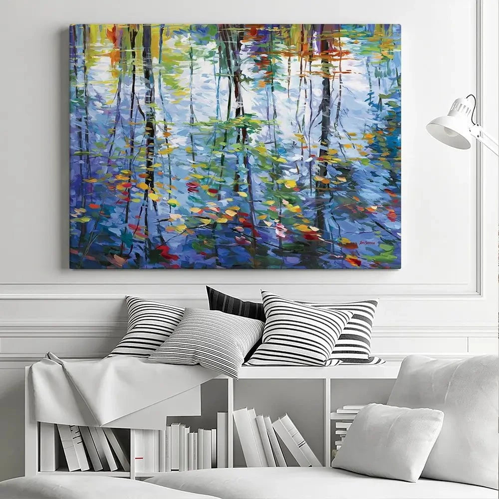 Impressionistic Reflection Of Autumn Trees And Leaves On Water Canvas Print Impressionistic Reflection Of Autumn Trees And Leaves On Water Canvas Print wall art product Leon Devenice
