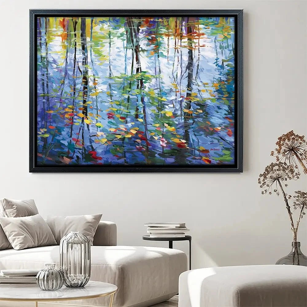 Impressionistic Reflection Of Autumn Trees And Leaves On Water Canvas Print Impressionistic Reflection Of Autumn Trees And Leaves On Water Canvas Print wall art product Leon Devenice