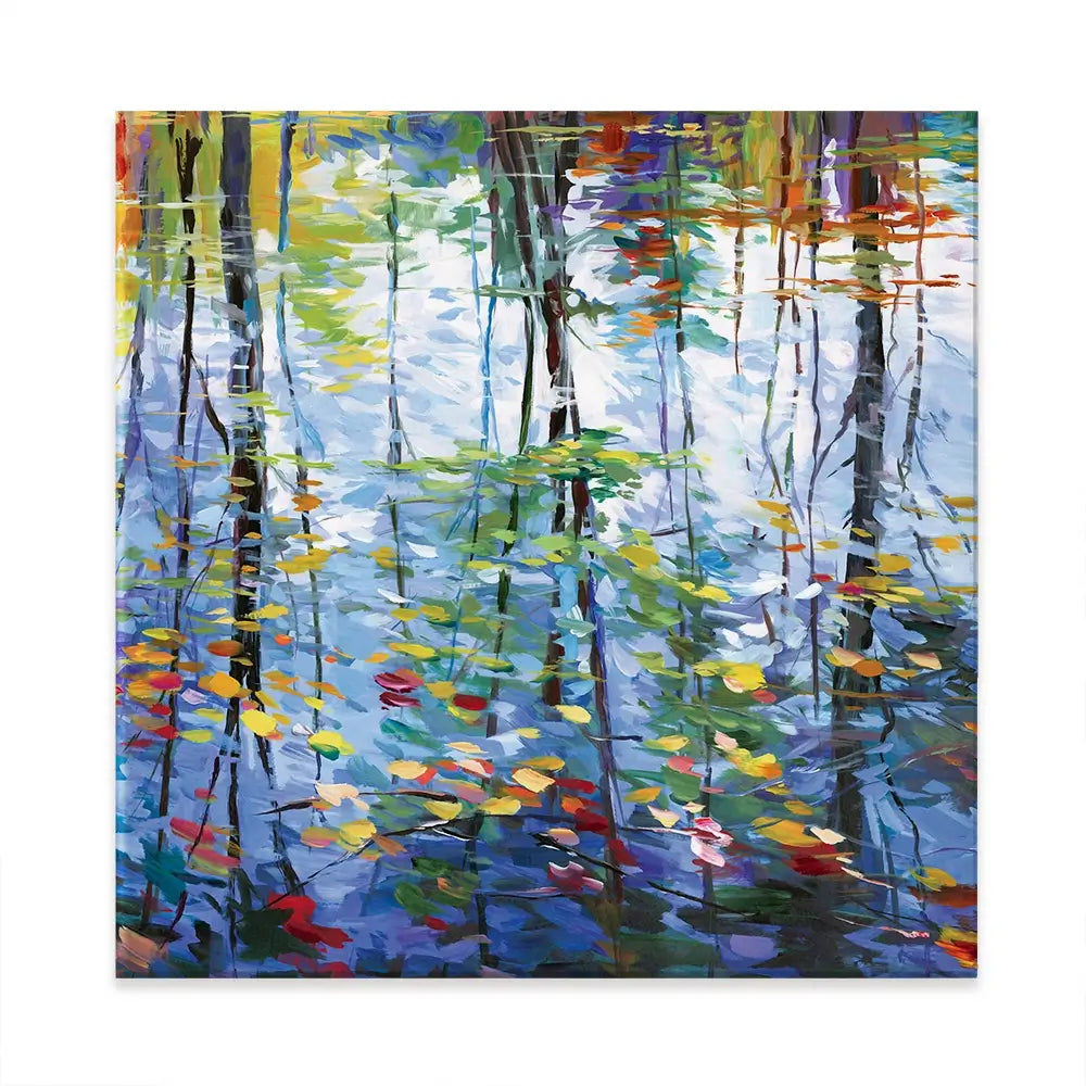 Impressionistic Reflection Of Autumn Trees And Leaves On Water Square Canvas Print Impressionistic Reflection Of Autumn Trees And Leaves On Water Square Canvas Print wall art product Leon Devenice
