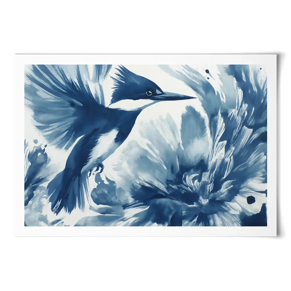 Kingfisher In Motion Indigo Wash Art Print Kingfisher In Motion Indigo Wash Art Print wall art product Chromatic Storm Studio
