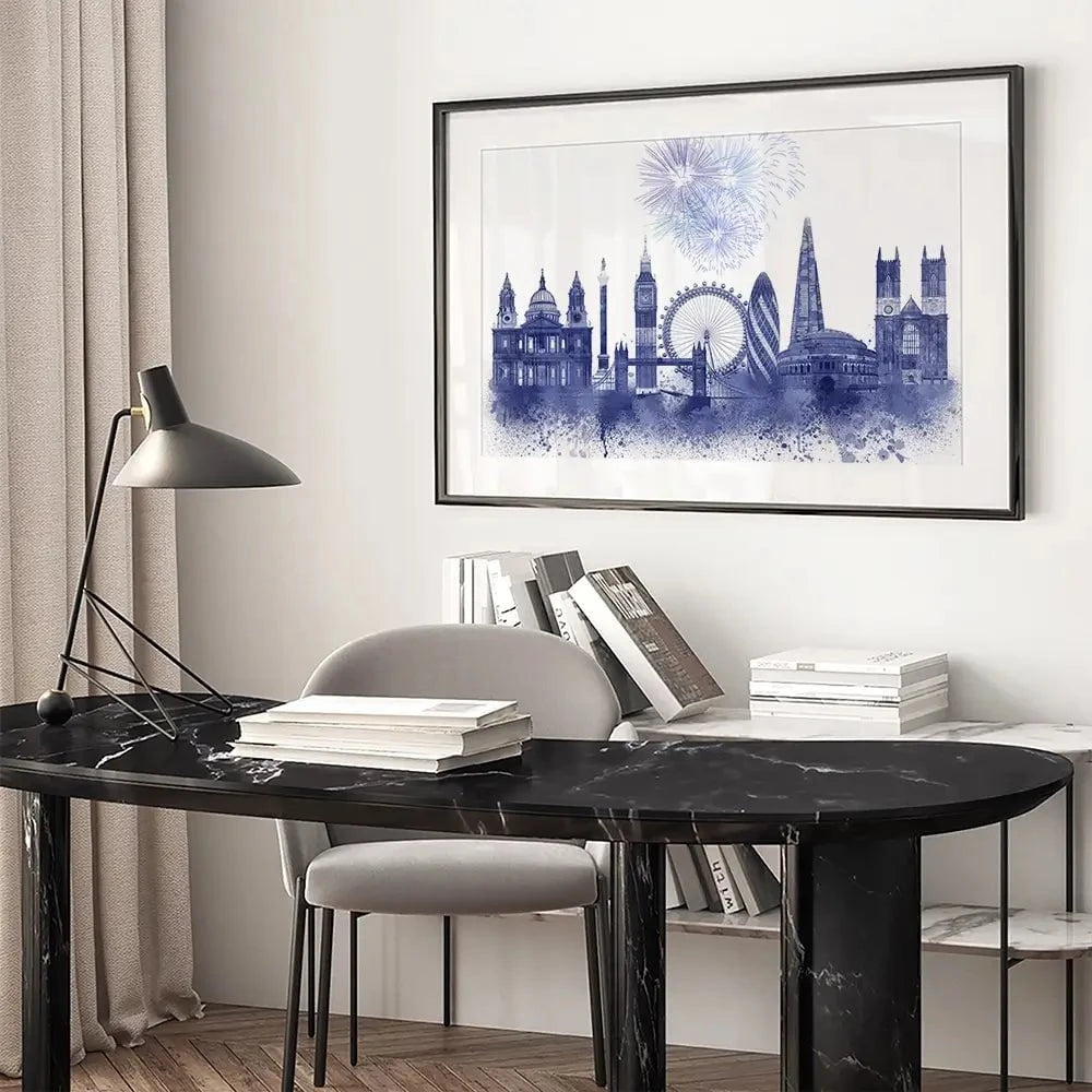 London Skyline Watercolour Splash Blue Framed Art Print London Skyline Watercolour Splash Blue Framed Art Print wall art product Fab Funky