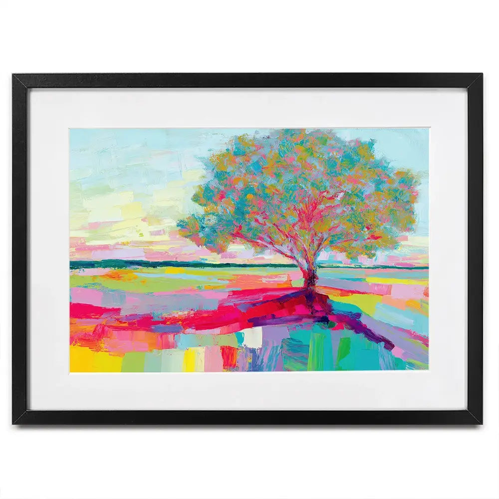 Lone Oak In A Vivid Field Framed Art Print Lone Oak In A Vivid Field Framed Art Print wall art product Chromatic Storm Studio