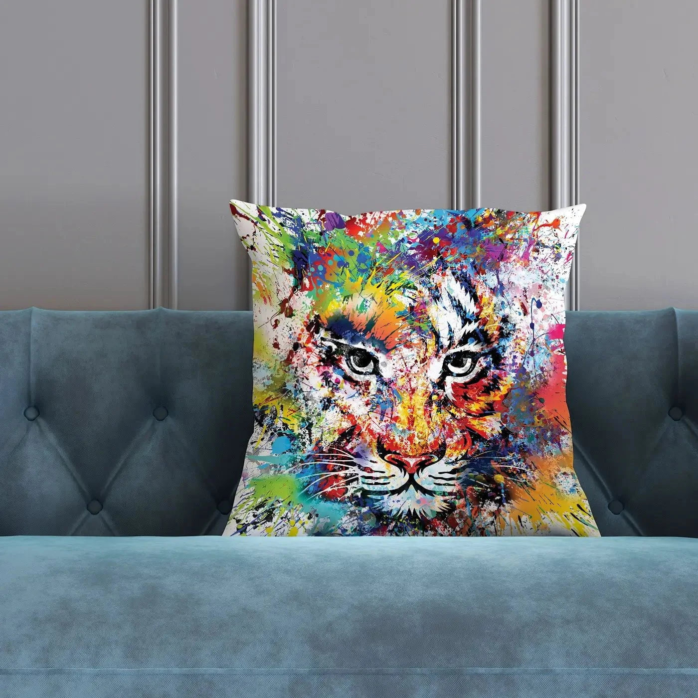 Multicoloured Tiger Paint Splash Cushion Multicoloured Tiger Paint Splash Cushion wall art product ARTEMENKO VALENTYN / Shutterstock