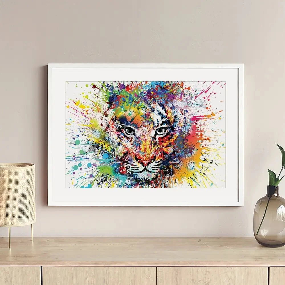 Multicoloured Tiger Paint Splash Framed Art Print Multicoloured Tiger Paint Splash Framed Art Print | Tiger Framed Print wall art product ARTEMENKO VALENTYN / Shutterstock