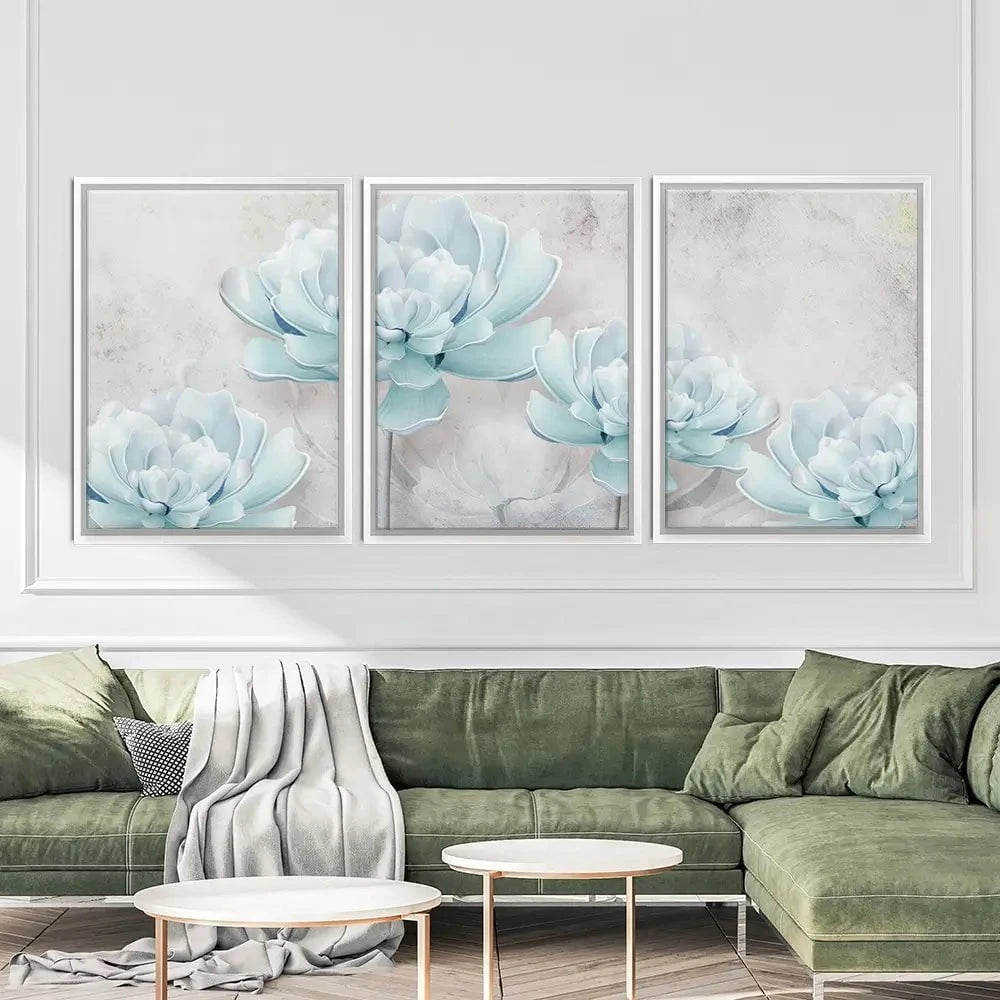 Pale Blue Floral Trio Canvas Print Pale Blue Floral Trio Canvas Print wall art product FLOWER 3D / Shutterstock