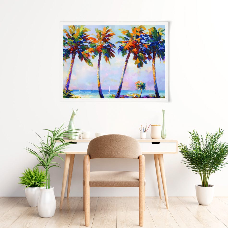 Palm Trees In The Suns Warmth Art Print wall art product Leon Devenice